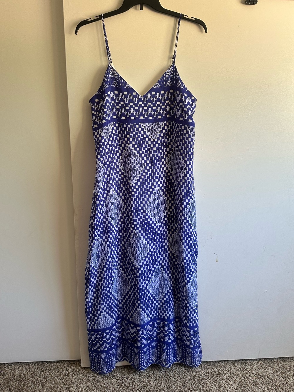 Everly Blue & White Geometric Spaghetti-Strap Maxi Dress - Picture 2 of 13